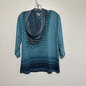 One World Blue Knit Top with Scarf Size PM